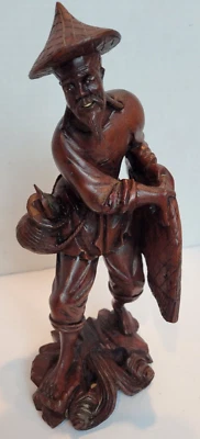 Figura de pescador japonés vintage grande de madera hecha a mano Foto 1 de 4