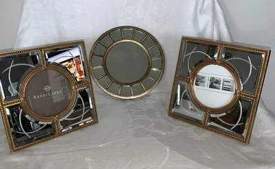 Marcos de fotos grabados con adornos de espejo en latón espejo redondo de 7x7" y 8" lote de 3 Foto 1 de 4