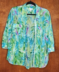 Chico’s Button Up Shirt Womens Size L Colourful Bird Floral Long Sleeve Cotton - Picture 1 of 5