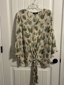 #7322. L&B Women's Long Bell Sleeve V-Neck Front-Tie Cactus Print Blouse Size 2X - Picture 1 of 8