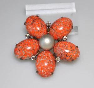 SCHREINER Signed Orange Glass Cabochon Flower Vintage Pin Brooch - Picture 1 of 17