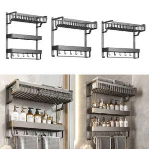 Wall Mounted Aluminium 2 /3 Tiers 47/57cm Towel Bar Rail Rack Holder with Hooks - Picture 1 of 20