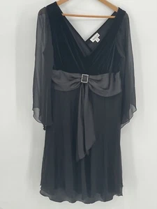 Cold Water Creek Faux Wrap 3/4 Sleeve Black Silk Chiffon Velour Dress - Picture 1 of 12