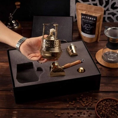 Bandeja de latón, olla, 2 tazas, cuchara llena" para café turco bonita caja de regalo Foto 1 de 4