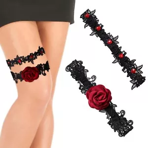 2Pcs Wedding Garters for Bride Black Floral Garters Lace Leg Garter with Red ... - Picture 1 of 7