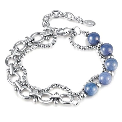 Pulsera de cuentas de piedra azul de acero inoxidable para mujer hecha a mano cadena en capas 8,66"" Foto 1 de 4