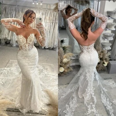 Beach Wedding Dresses Detachable Sleeves Boho Lace Sexy Mermaid Bridal Gowns - Image 1 of 4