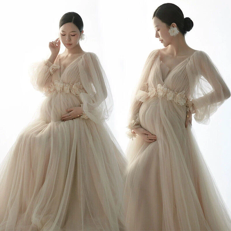 Maternity Dresses for Photo Shoot Long Sleeve Tulle Floral Maxi Gowns Dress  - Image 1 of 4
