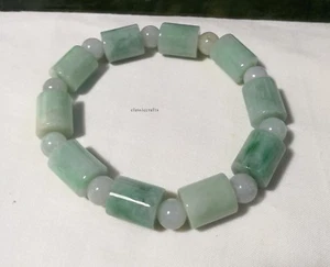 Certified  green jadeite jade 12X15mm+8mm bead men/women bracelet L23cm adjust  - Picture 1 of 7