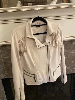 Chaqueta de moto JouJou imitación gamuza flecos occidentales cremalleras forrada crema marfil talla grande Foto 1 de 4