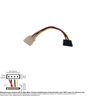 Cable Internal DC Power IDE Molex 4-Pin Male SATA 15-Pin Female 8" - Image 1 of 2