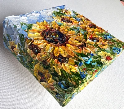 Pintura al óleo original impasto "Girasoles" 4"X4" X 1.5" de Olga Diduh. Foto 1 de 4