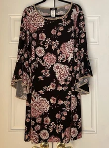 MSK Women Black Pink Floral Shift Dress Size 3X Bell Sleeves Fairy Whimsy  - Picture 1 of 11