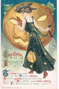 Winsch Greetings Halloween Lady Luna retroilluminata JOL Goblin Gufo 1910 inutilizzato - Foto 1 di 2