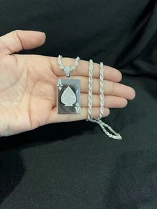 925 Sterling Silver Men CZ Ace of Spade Poker Card Pendant & Rope Chain 22 26 30 - Picture 1 of 6