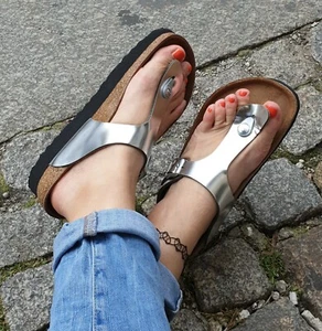 Papillio von BIRKENSTOCK GIZEH 1013571 Metallic Silber Plateau Echtleder