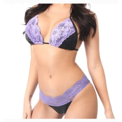 FATO DE BANHO DAISY BEACHWEAR preto e roxo lantejoulas e renda biquíni NOVO - Imagem 1 de 3