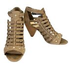 Vince Camuto Beige Leather Gold Stud Caged Strappy Chunk Stacked Heels Size 8.5