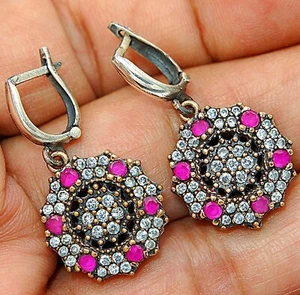 Ottoman Empire Style 2CT Treated Ruby 925 Sterling Silver Earrings TB1607 - Picture 1 of 2