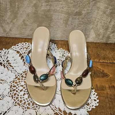 Wnshonzy 女式 6.5 码装饰金石丁字裤凉鞋 3 英寸高跟鞋 — 第 1/4 张图片