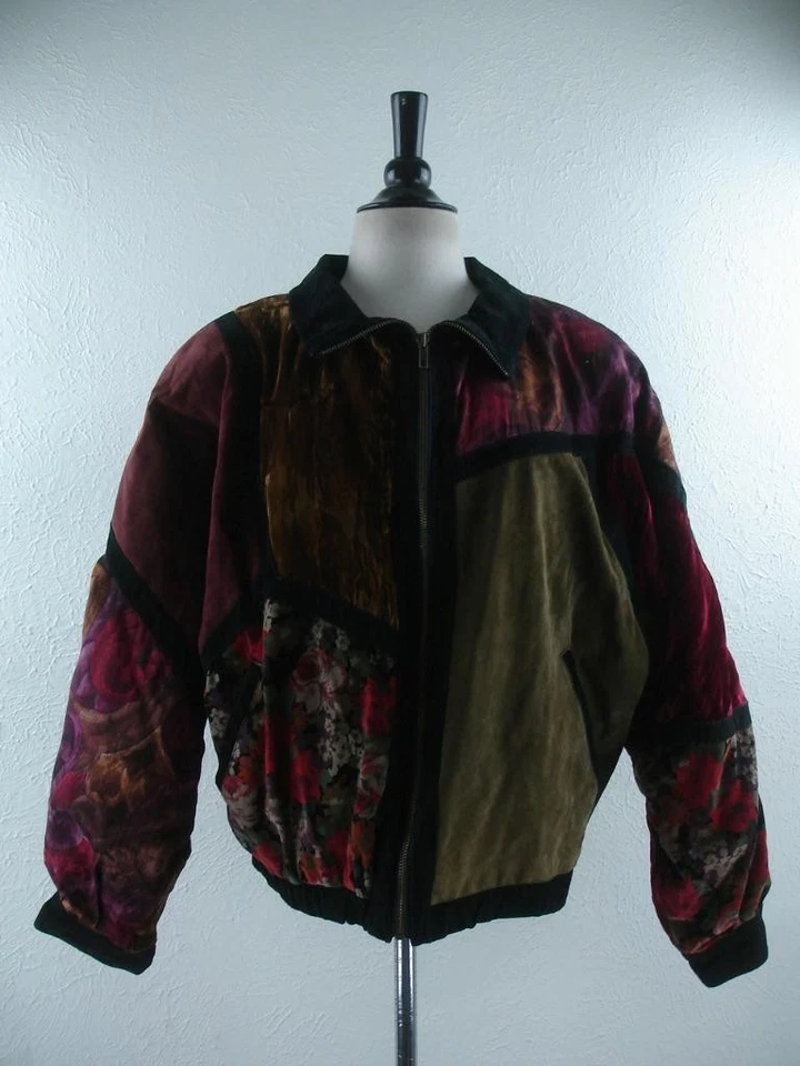 Jaqueta feminina L Brandon Thomas couro camurça patchwork tapeçaria veludo década de 1990 - Imagem 1 de 4