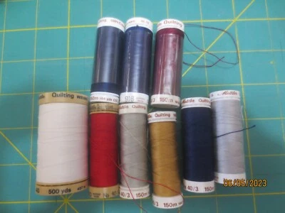 9  lot New & Open METTLER Quilting THREADS Blue Gray Red White Berry Tan - Image 1 of 3