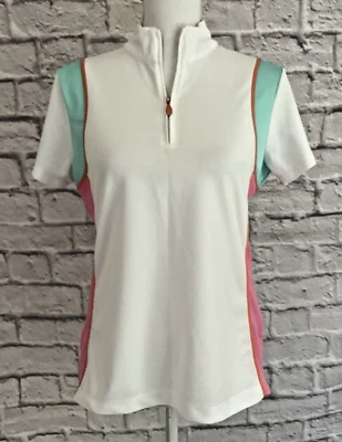 EP Pro Tour Tech M Golf Top 1/4 Zip Shirt White Pink Green Short Sleeve Mock - Image 1 of 4