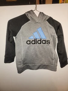Adidas Hoodie Youth Size 5 Front Pocket Long Sleeve Gray Black Sleeves Blue Logo - Picture 1 of 6
