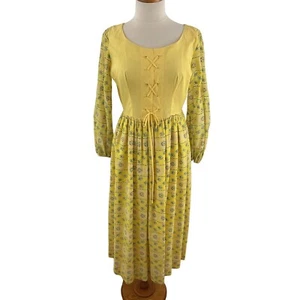 Vintage Damen Maxikleid Korsett Oberteil Bauern Hippie Folk Boho gelb geblümt - Bild 1 von 5