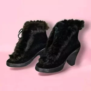 Vintage Cambridge Rubber 40s Black Velveteen Rabbit Fur Heel Stewardess Galoshes - Picture 1 of 22