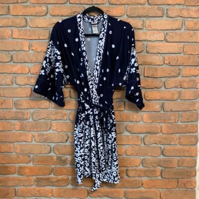 In Bloom by Jonquil Kimono Size XS/S Navy Blue White Floral Print Robe with Belt - Image 1 of 4