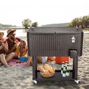 Outdoor Rattan 80QT Party Patio Rolling Cooler Cart Ice Beer Beverage Chest Cool - Picture 1 of 8