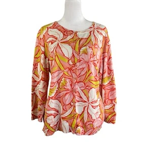 Talbots XL Cardigan Sweater Floral 3/4 Sleeve Pink Orange Chartreus Cotton/Rayon - Picture 1 of 11