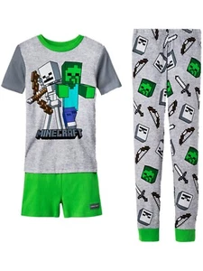 Boys Gray Minecraft Zombie & Creeper Cotton 3 Piece Pajama Sleep Set 4 - Picture 1 of 3