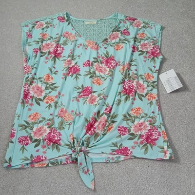 Top Bobbie Brooks verde azulado floral nudo frontal encaje espalda/hombro talla grande 2X nuevo con etiquetas Foto 1 de 4