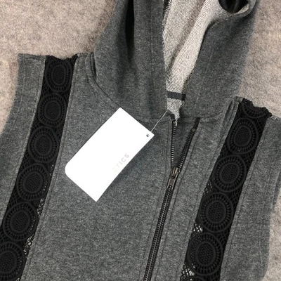 NEW Fabletics Womens Vest XS Gray Black Hooded Full Zip French Terry Lace Trim - Image 1 of 4