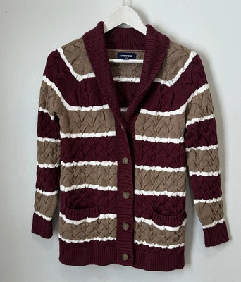 Cárdigan Suéter Lands End Drifter Para Mujer Pequeño Marrón Rayas Cable Grueso Tejido Foto 1 de 4