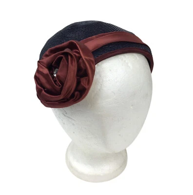 Vintage 50s Navy Blue Woven Straw Juliet Cap Hat Burgundy Satin Rose Flower - Image 1 of 4