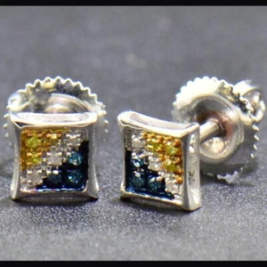 0.30 Ctw Created Yellow & White Blue 14K White Gold Over Kite Pave Stud Earrings - Picture 1 of 9
