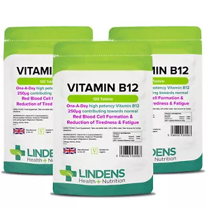 Vitamin B12 250mcg x 360 Tablets (Pack of 3) *Tiredness & Fatigue; LINDENS - Picture 1 of 6