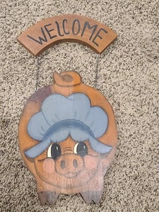 Vintage Pig Piggy Farmhouse Welcome Sign Hand Painted Folk Art Wood - Picture 1 of 7