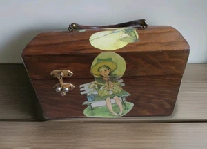 Vintage Purse Decoupage Wooden Box Handbag Lucite Handle Lined COUNTRY GIRLS - Picture 1 of 11