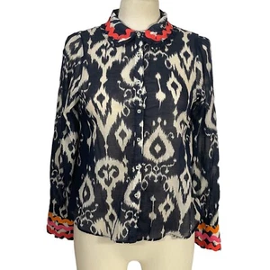 Vilagallo Spain Navy White Ikat Ric Rac Boho Art Cotton Button Down Blouse Gr. 36 - Bild 1 von 11