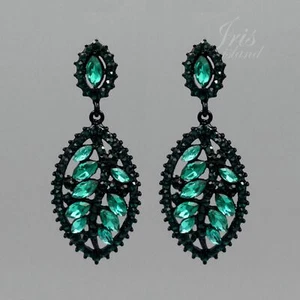 Mujeres Negro Hoja Verde Cristal Estrás Gota Pendientes Colgantes Disfraces Joyería - Imagen 1 de 4
