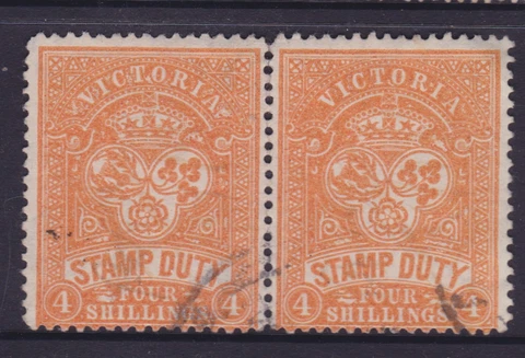 VICTORIA SCARCE 1885 4/- Orange Red QV STAMP DUTY PAIR USED SG 238 $100 (NG35) Cover
