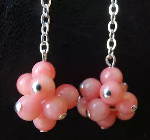 STERLING SILVER real CORAL cluster bead chain dangle pierced earrings -C489 - Picture 1 of 6
