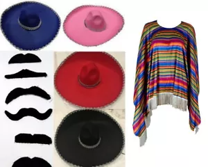 Adults Unisex Mexican Poncho Costume w Sombrero Hat&Mustache Party Fancy Dress - Picture 1 of 5