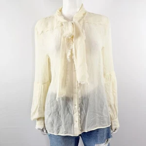 PINKO Ivory Long Sleeve Sheer Silk Blouse Size 8 Crochet Lace Hem Coquette Boho - Picture 1 of 13