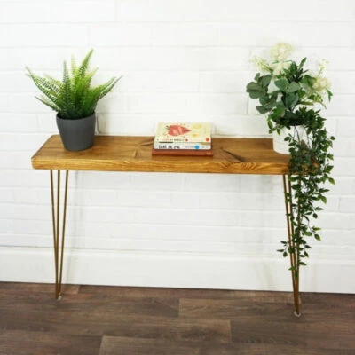 Coffee Side Table Console Solid Wood Timber Metal Gold Legs 19.5cm x 4.4cm - Image 1 of 4