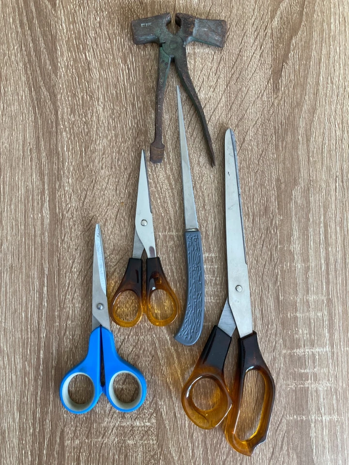 5tlg Schneide-Werkzeug 3 Ciseaux Ouvre-Lettre Ancien Acier Outil Pince 5in1 - Photo 1/4